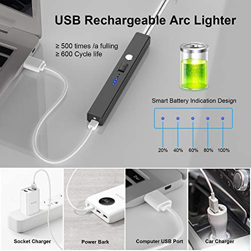 Candle Lighter, Upgraded USB Electric Lighter, Rechargeable Arc Lighter with LED Display Safety Switch, 360° Flexible Neck Flameless Grill Long Lighters for Camping Cooking BBQs Fireworks