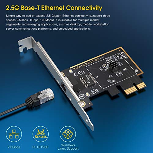 2.5 GBase-T PCIe Network Adapter, PCI Express Gigabit Ethernet 2500/1000/100 Mbps LAN Controller RJ45 Support Windows Server/Windows, Standard and Low End Included