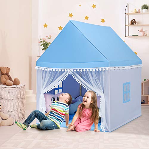 BABY JOY Kids Play Tent, Children Play House w/Solid Wood Frame & Cotton Mat, Indoor Princess/Prince Castle Playhouse for Children Boys & Girls Gift, 105x120x140cm (Blue)