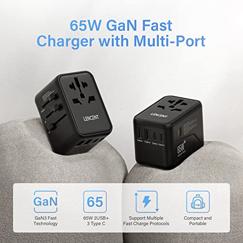 LENCENT Universal Travel Adapter, GaN III 65W International Charger with 2 USB Ports & 3 USB-C PD Fast Charging Adaptor, Worldwide Wall Charger for iPhone, Laptop, USA/UK/EU/AUS, (Black)