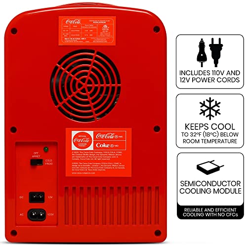 Coca-Cola Classic Portable 6 Can Thermoelectric Mini Fridge Cooler/Warmer, 4 L/4.2 qt, Red, for Home, Dorm, car, Boat, Beverages, Snacks, Skincare, Cosmetics, Medication