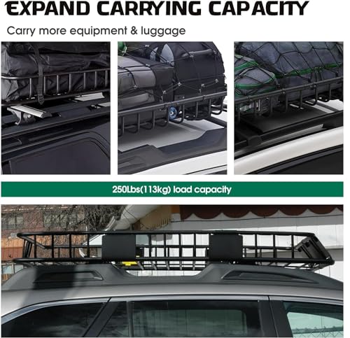 Advwin Universal Rooftop Cargo Basket 64" x 39" x 5" -115kg Capacity Steel Roof Rack with Wind Fairing