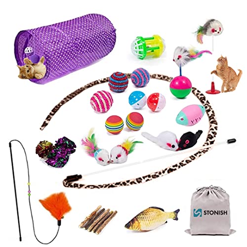 STONISH 29 Pcs Cat Toys Kitten Toys Assorted, Variety Catnip Toy Set Including 2 Way Tunnel, Feather And Teaser, Fish, Cotton And Feather Mice, Rugby Toy, Tumbler And Suction Cup Mouse Toy, Storage Bag