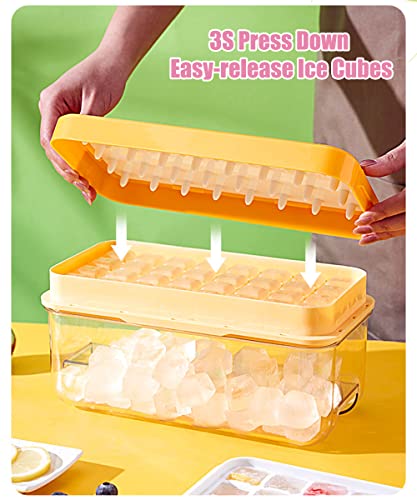 【1S Press to Release】 Ice Cube Tray with Lid and Storage Bin, 32-Tray Easy-Release Ice Cube Maker Flexible Silicone Ice Cube Mold for Freezer, Comes with Scoop and Press Plate