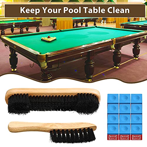 3 Set Billiards Pool Table and Rail Brush Including 12 Pieces Pool Cue Chalk Cubes Snooker Table Wooden Cleaning Brush Kit Table Billiards Accessories, 9 Inches (Beige)