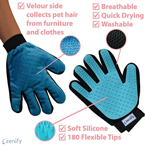Zenify Pet Grooming Glove - For Cat, Kitten, Dog, Puppy, Rabbit, Horse - Dual Sided 2-in-1 Upgrade Version Machine Washable Enhanced Efficient Silicon Massage One-Size-Fits-All Gift Hair Deshedding Remover Mitt (2 Pack Left + Right Hand)
