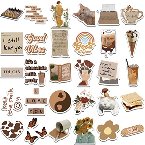 Vintage Art Aesthetic Stickers, 60 Pcs Artistic Brown Vinyl Waterproof Stickers for Laptop Water Bottles Journaling Scrapbook Computer Travel Case Guitar Luggage Decals for Kids Teens (Brown Vintage)