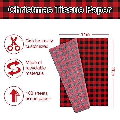 Whaline Christmas Tissue Paper Red Black Plaid Wrapping Paper Xmas Tree Snowflake Reindeer Gift Wrapping Tissue Paper Rustic Art Paper Crafts for DIY Xmas Winter New Year Party Decor, 100 Sheet