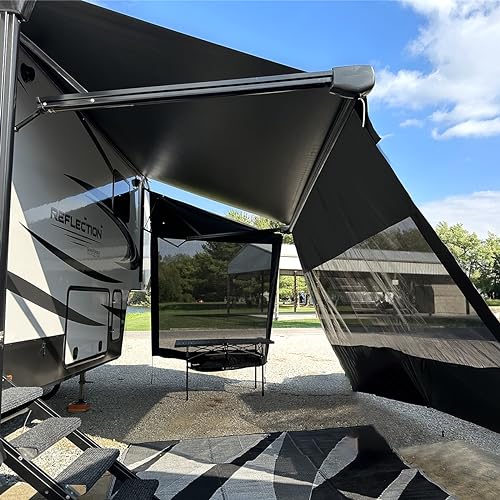 KING BIRD RV Awning Shade Screen, 8' x 11'3'', Extended 600D Top with Splicing Black Mesh Sunshade Blocks Sunlight, Improves Shadow and Privacy. Camper Trailer Shade Screen for Awnings