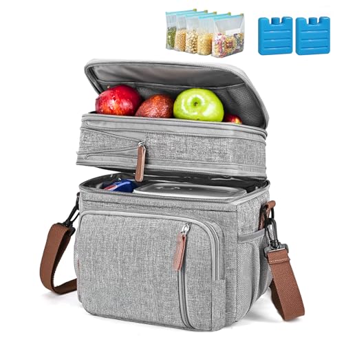 【Icepacks Included】LIWEGHT Expandable Large Lunch Bag 15L Double Deck Lunch Box Leakproof Cooler Bag for Men Women Adults Insulated Lunch Tote Bag with Shoulder Strap