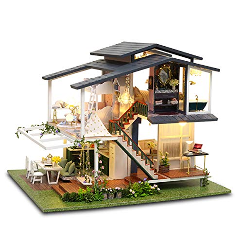 GuDoQi DIY Miniature Dollhouse Kit, Mini Dollhouse with Furniture, Tiny House Kit Plus Dust Cover and Music Movement, DIY Miniature Kits to Build, Monet Garden