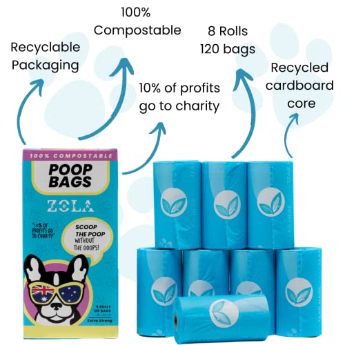 ZOLA ZOLA Extra Strong Compostable Dog Poop Bags (120 bags) - Biodegradable Dog Poo Bags for Dogs & Cats, Super Strong Dog Bags for Poop