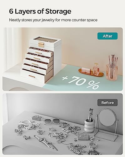 SONGMICS Jewelry Box with Glass Lid, 6-Layer Jewelry Organizer, 5 Drawers, for Sunglasses, Big Jewelry, Jewelry Storage, Modern Style, Cloud White and Gold Color UJBC171W01