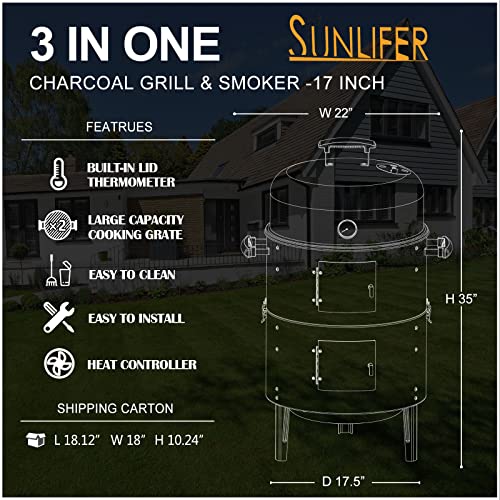 SUNLIFER Portable Charcoal BBQ Grill: Outdoor Small Charcoal Grills with Meat Smoker Combo for Backyard Patio Barbecue | Outdoor Smoking | Camping BBQ | Outside Cooking