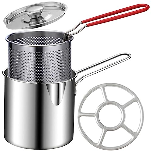 4.7Inch Stainless Steel Fry Pot with Lid and Strainer Basket Stove Top Deep Fryer Japanese Tempura Deep Fryer Basket for French Fries Chicken Wings Shrimp with Stove Ring