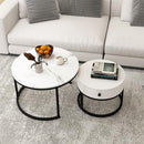 Luxsuite Round Nesting Coffee Table Set of 2 Bedside Stacking Faux Marble Look Accent Tables Soft Side Table Set with Drawer Living Room Furniture White