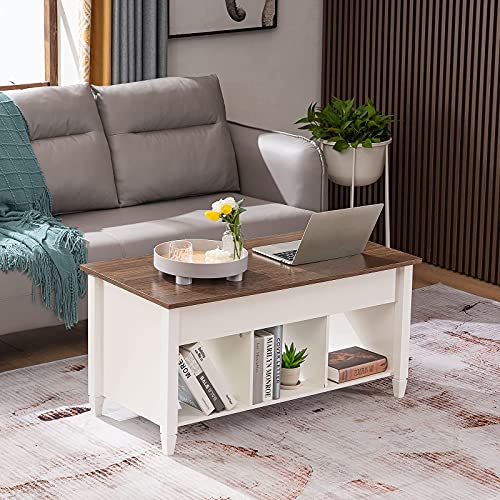 VINGLI White Coffee Table with Lift Top, Lift Up Coffee Table with Storage Shelf/Hidden Compartment, Gas Lift Coffee Table Mesa De Centro para Sala Pop Up Coffee Table