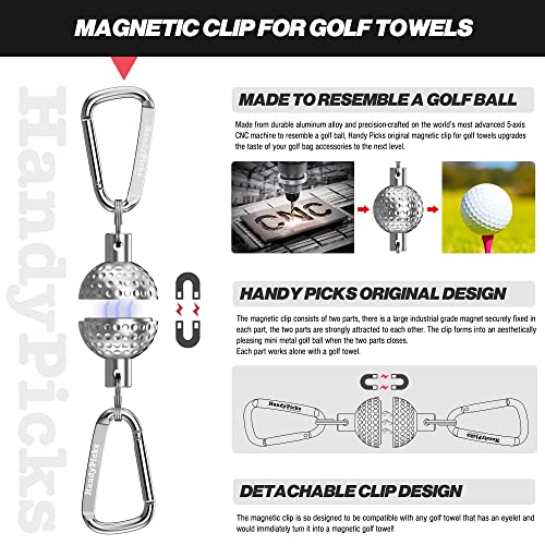 Handy Picks Magnetic Clip for Golf Towel, Unique Mini Metal Golf Ball Design, Removable Industrial Strength Magnet for Strong Hold to Golf Cart n Clubs, Gift for Golf Lovers