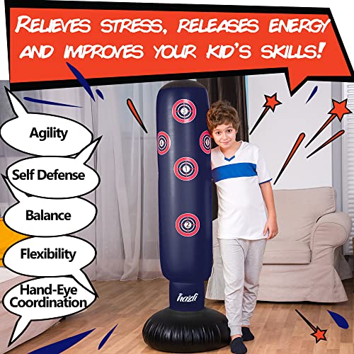 Hazli Inflatable Kids Punching Bag with Stand – Free Standing Boxing Bag for Karate, Taekwondo with Bounce Back– 63’’ Punching Bag with Stand – Freestanding Sport Bag with Air Pump (Navy)