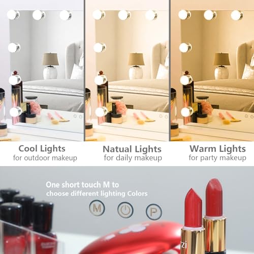 (L22.83 X H18.28cm ) - AMST Hollywood Vanity Mirror with Lights, Dimmable 12pcs LED Bulbs with 3 Colour Tones, Touchscreen Makeup Mirror with USB Port, Lighted Tabletop Vanity Mirror, White(L22.83 X H17.13cm )