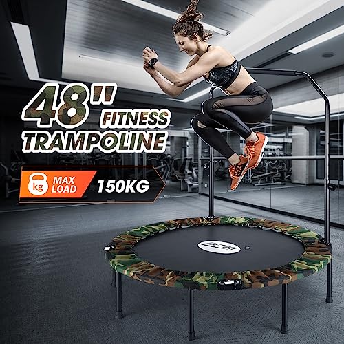 Genki 48 Inch Foldable Mini Trampoline Exercise for Adults Children Outdoor Indoor Gym Fitness Workout Rebounder Jumping Camouflage,Adjustable Handrail