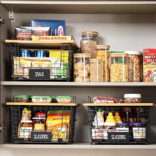 2 Set Kitchen Counter Basket with Bamboo Top - Pantry Cabinet Organization and Storage Wire Basket - Countertop Organizer for Produce, Fruit, Vegetable ( Onion, Potato ), Bread, K-Cup Coffee Pods