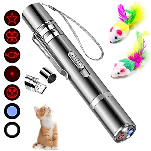 Cat Laser Pointer Toy, Proxima Direct Upgraded 5-in-1 Indoor Interactive Kitten Cat Toy, USB Rechargeable LED Light Pointer, Toy for Cat Dog Chasing Play and Training Exercise (Silver)