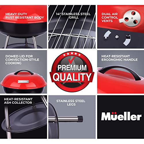 Mueller BBQ Buddy, 14 Inch Portable Charcoal Grill, Lightweight Grill for Barbecue Party, Dual Vents for Temp & Charcoal Control