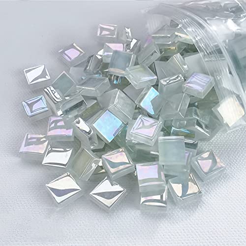 1.1lb Square Crystal Mosaic Tiles, Iridescent Mosaic Glass Tiles for Crafts, Mosaic Pieces DIY Hobbies Children Handmade Jewelry Art Decoration Gifts,525 Pieces (Milky)