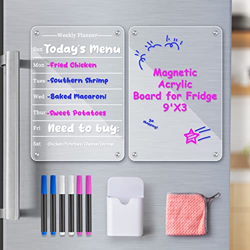 2 PCS 9"x13" Clear Weekly Meal Planner Magnetic Acrylic Board,Acrylic Magnetic Dry Erase Board for Fridge, Magnet Week Calendar for Refrigerator Includes 6 Colors Markers and Pen Container