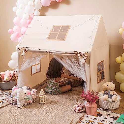 Kids Play Tent with Mat - Kids Tents Indoor Canvas Play Tent Large Playhouse Tent Kids Tent 3 Windows Castle Fairy Tent for Boys