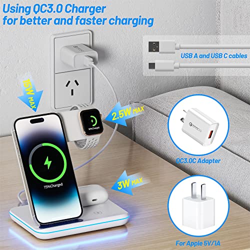HEYMIX Wireless Charger, 3 in 1 Wireless Charging Station, 15W Fast Wireless Phone Charging Dock Compatible with Apple Watch,AirPods, iWatch 8/7/SE/6/5,iPhone 14/13/12/11,Samsung (with QC3.0 Adapter)