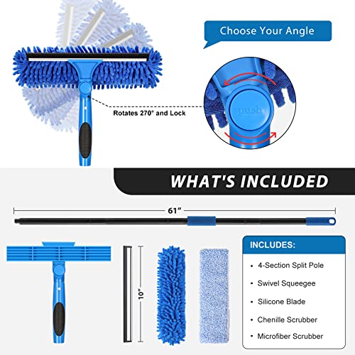 VITEVER Professional 69'' Window Squeegee Cleaner Tool with Extension Pole, 2-in-1 Squeegee for Window Cleaning Kit with Scrubber and Rotating Head, 1 Blade 2 Scrubber