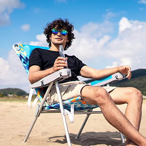 SunnyFeel Folding Beach Chair 5-Postion Adjustable Reclining High Back Head Rest Aluminum Portable Lounge Chairs for Adults Outdoor (Ocean Wave)