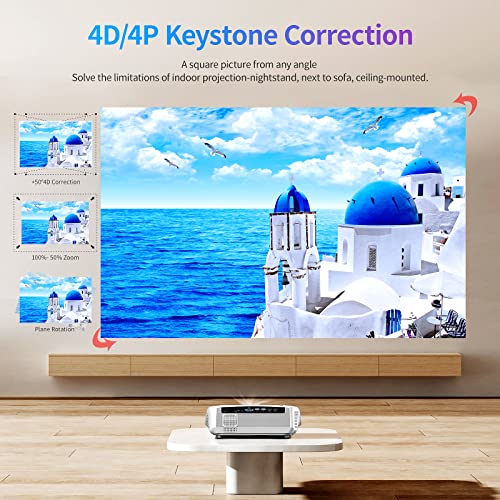 4K Smart UHD Daylight Projector 5G WiFi Bluetooth, 2023 Upgraded 14300 Lumen Outdoor Movie Projector 300” Display, RJ45 LAN Android 2G+16G Projector Support 8000+Apps, 4P/4D Keystone, Zoom