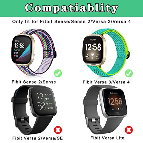 4 Pack Stretchy Bands Compatible with Fitbit Versa 3/Fitbit Versa 4/Fitbit Sense 2/Fitbit Sense Bands Women Men, Adjustable Elastic Breathable Loop Nylon Replacement Straps for Fitbit Sense & Versa 3