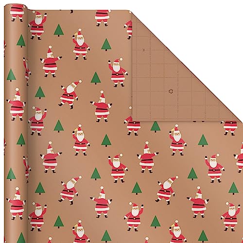 Hallmark Recyclable Christmas Wrapping Paper with Cut Lines on Reverse (3 Rolls: 90 sq. ft. ttl) Kraft Brown with Santas, Green Trees, Red Stripes, 0005JXW1050