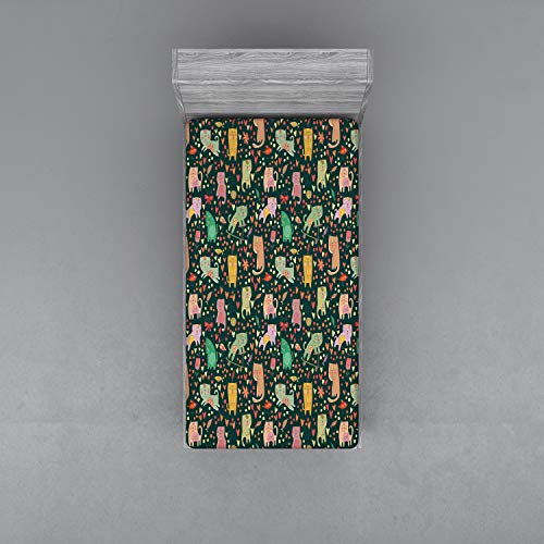 Ambesonne Cats Fitted Sheet, Design of Nocturnal Theme Happy Cats and Fishes on Kittens Tummy, Soft Decorative Fabric Bedding All-Round Elastic Pocket, Twin Size, Black Orange