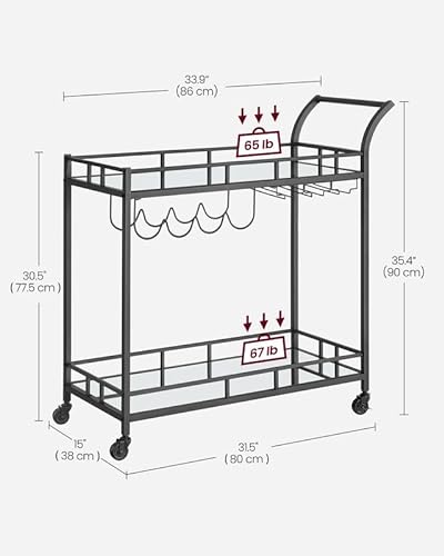 VASAGLE Bar Cart Black, Home Bar Serving Cart, Wine Cart with 2 Mirrored Shelves, Wine Holders, Glass Holders, for Kitchen, Dining Room, Black ULRC090B62