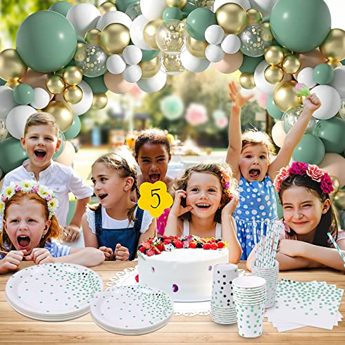 Sage Green Party Paper Plates Cups and Napkins Set, 24 Guest Green Party Supplies, Party Tableware with Balloon Arch,Tablecloth for Birthday, Baby Shower, Wedding, Jungle Safari Party Decoration
