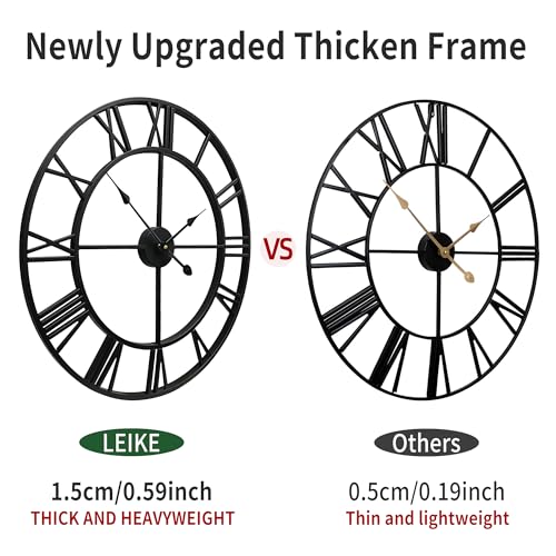 LEIKE Large Modern Metal Wall Clocks 60CM / 24 Inch Rustic Round Nearly Silent Little Ticking Battery Operated Black Roman Numerals Clock for Living Room/Bedroom/Kitchen Wall Decor-60cm