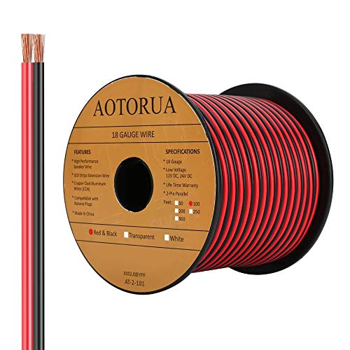 AOTORUA 100FT 18/2 Gauge Red Black Cable Hookup Electrical Wire, 18AWG 2 Conductor 2 Color Flexible Parallel Zip Wire LED Strips Extension Cord 12V/24V DC Cable for LED Ribbon Lamp Tape Lighting
