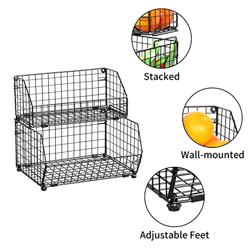 Fruit Vegetable Basket 2-Tier Wall-mounted Wire Storage Baskets Countertop Detachable Stackable Bin Kitchen Organizer Pantry Basket for Snack Canned Foods Potato Onion Storage Cabinet