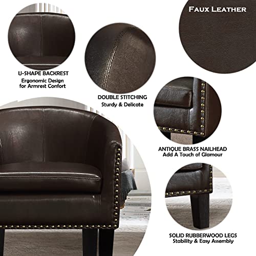 Rosevera Duilio Club Style Barrel Armchair for Living Room Faux Leather Accent Chair, Leather Brown