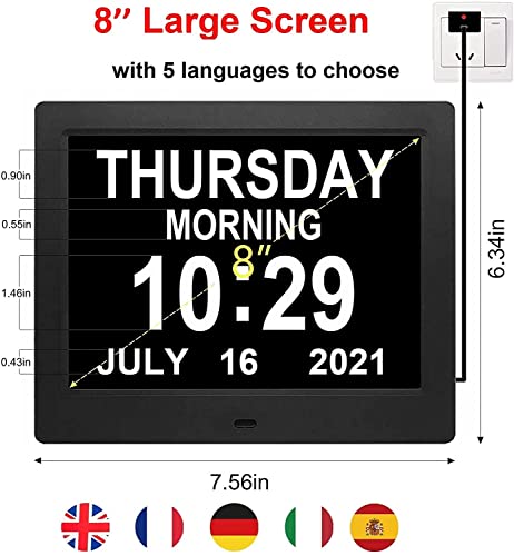 2023 Upgraded 12 Alarms Day Date Clock Dementia Clock with Calendar, On Time Alarm, Auto Night Dimming, Digital Clock with Non-Abbreviated Day&Month, 12 Timers-with Remote Control