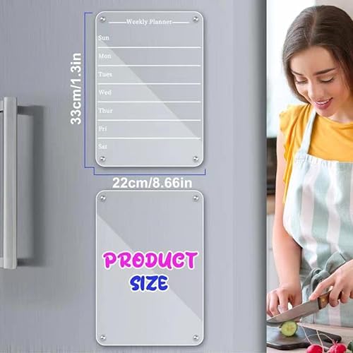 2 PCS 9"x13" Clear Weekly Meal Planner Magnetic Acrylic Board,Acrylic Magnetic Dry Erase Board for Fridge, Magnet Week Calendar for Refrigerator Includes 6 Colors Markers and Pen Container