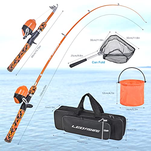 LEOFISHING Kids Fishing Pole Set with Full Starter Kits Portable Telescopic Fishing  Rod and Spincast Reel with a Fishing Net and Bucket for Boys Girls and Youth  (Orange), Spinning Combos 