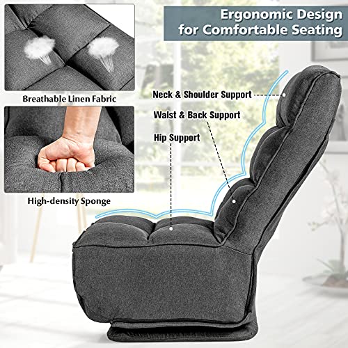 Costway 6-Position Adjustable Floor Gaming Chair,360-Degree Swivel Lazy Sofa Chair w/6 Adjustable Positions,Foldable Design,Recliner Sofa Sleeper Bed,Folding Chaise Lounge for Reading Relaxing (Grey)