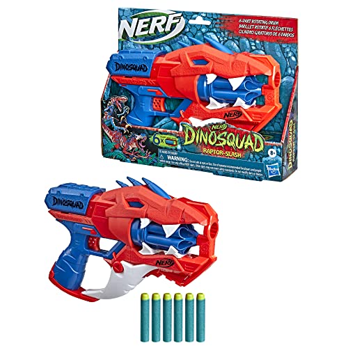 Nerf DinoSquad Raptor-Slash Dart Blaster, 6-Dart Rotating Drum, Slam Fire Action, 6 Official Nerf Elite Darts, Velociraptor Dinosaur Design