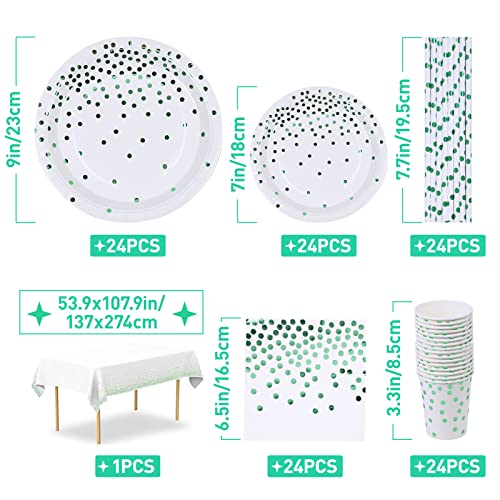 Sage Green Party Paper Plates Cups and Napkins Set, 24 Guest Green Party Supplies, Party Tableware with Balloon Arch,Tablecloth for Birthday, Baby Shower, Wedding, Jungle Safari Party Decoration